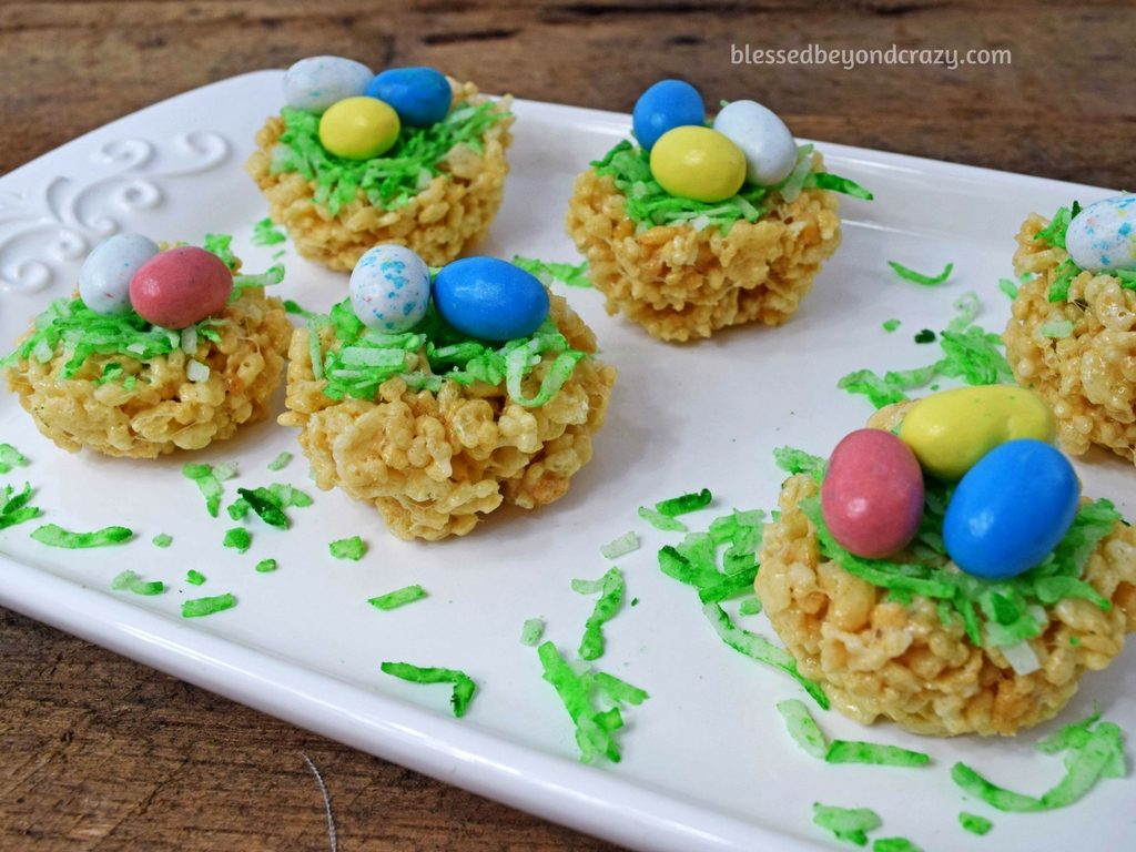 Close-up of No-Bake Rice Krispie Easter Egg Nests