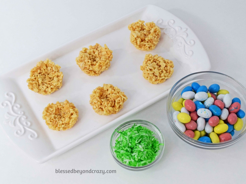 Getting ready to assemble No-Bake Rice Krispie Easter Egg Nests