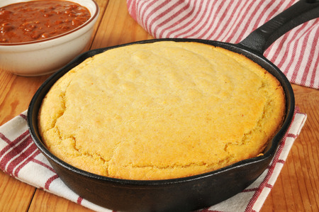 fresh baked cornbread in a cast iron skillet 