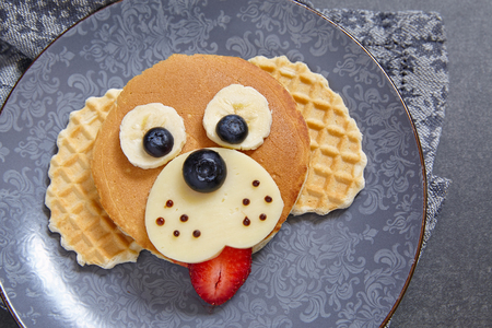 funny dog pancake with berries for kids breakfast