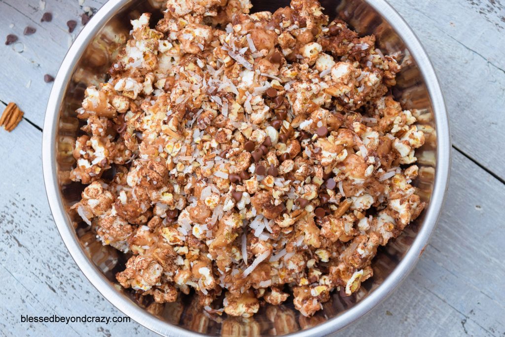Bowl of SkinnyPop German Chocolate Caramel Popcorn