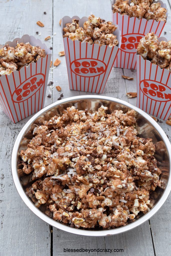 Ready to serve SkinnyPop German Chocolate Caramel Popcorn