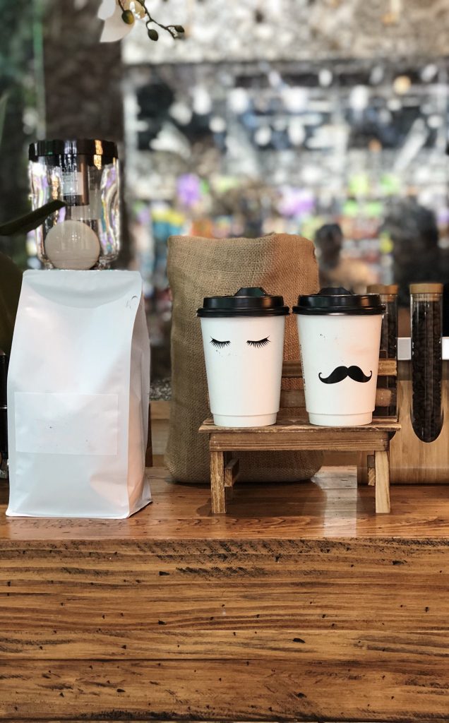 Cute coffee mugs in a gourmet coffee shop