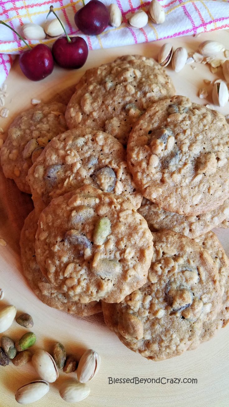 Cherry Pistachio Oatmeal Cookies Overhead Stacked