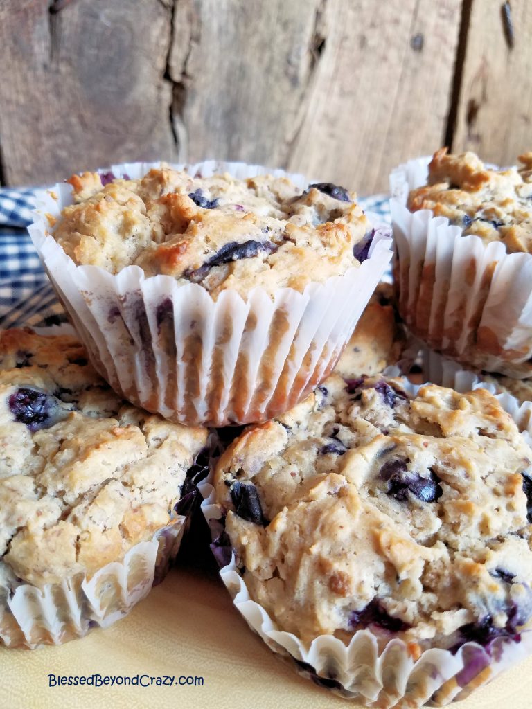 Stack of gluten free blueberry muffins ready to serve. 