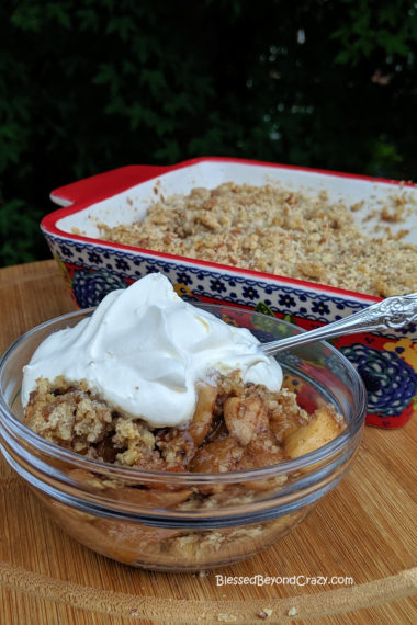 A serving of Cinnamon Apple Pecan Crumble.