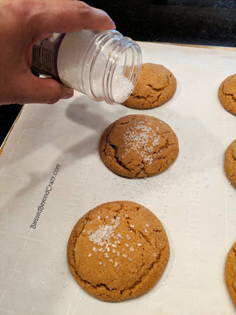 Sprinkling white sparkling sugar on baked Ginger Snap Cookies