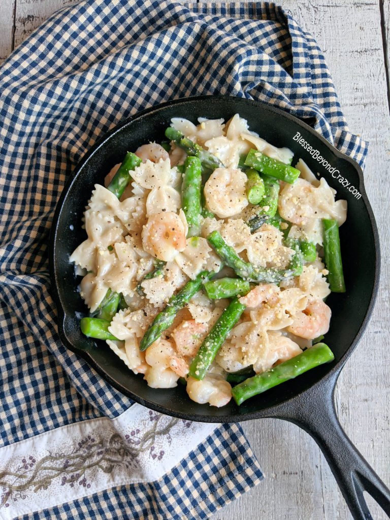 Full Overhead View of Creamy Asparagus Shrimp Pasta Skillet (Gluten-Free)