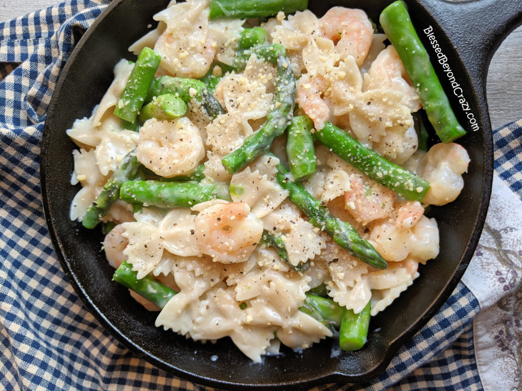 Overhead view of Creamy Asparagus Shrimp Pasta Skillet (Gluten-Free)