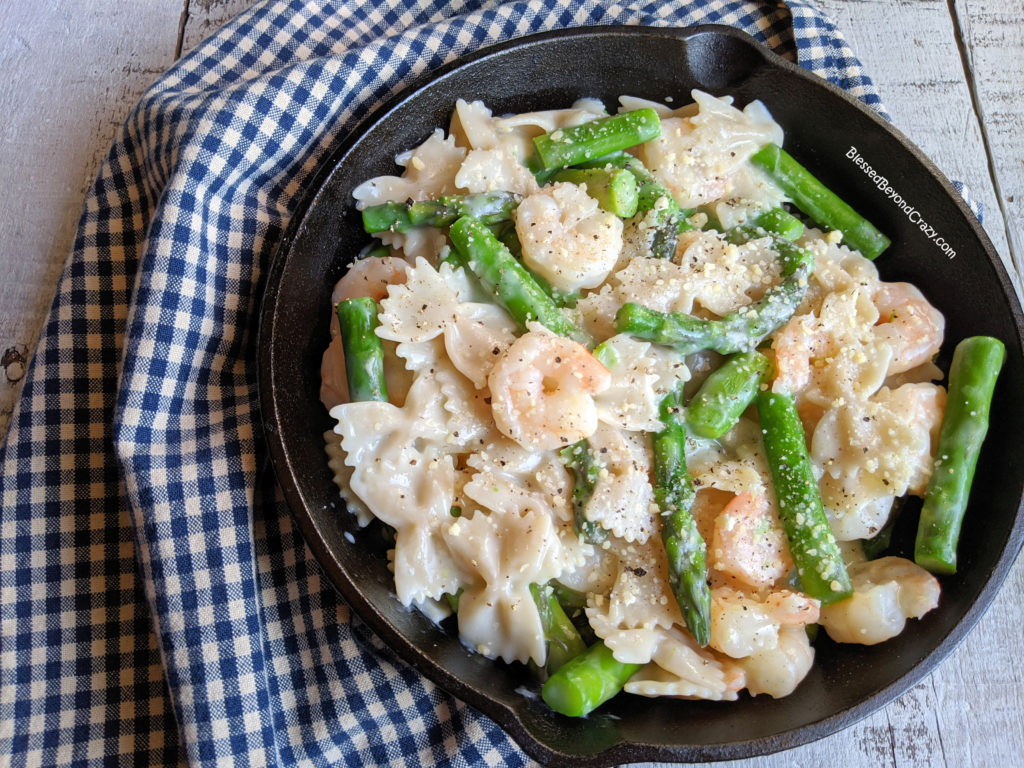 Skillet of Creamy Asparagus Shrimp Pasta Skillet (Gluten-Free)