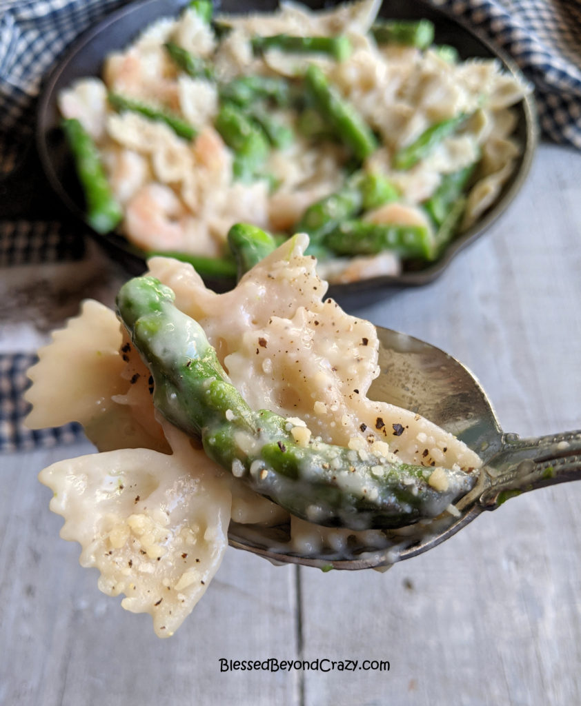 Close-up view of Creamy Asparagus Shrimp Pasta Skillet (Gluten-Free)