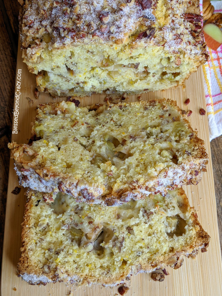 Loaf of sliced Rhubarb Pecan Orange-Zest Bread