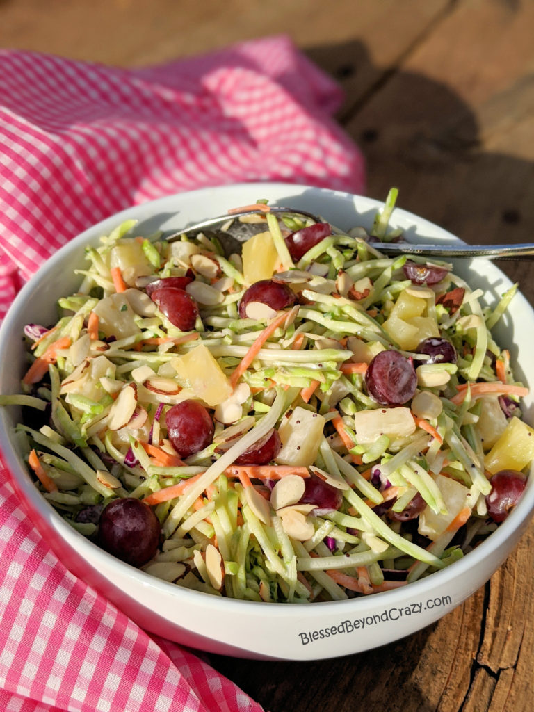 Easy Broccoli Slaw with Homemade Poppy Seed Dressing is the perfect take-along side dish.