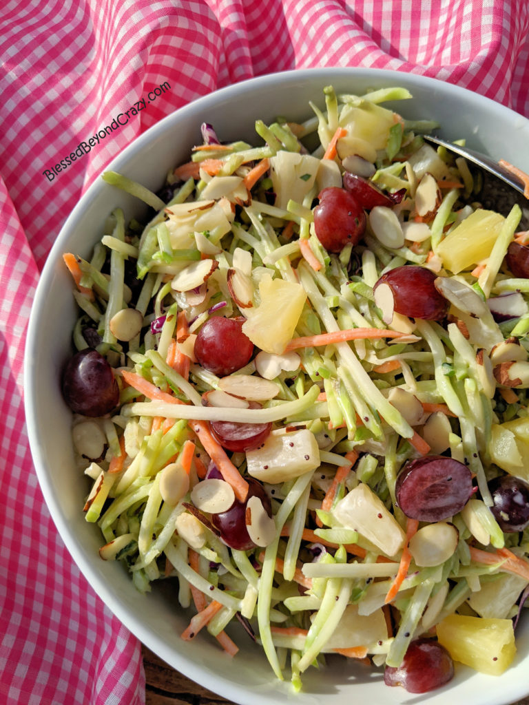 Close up of Easy Broccoli Slaw with Homemade Poppy Seed Dressing 