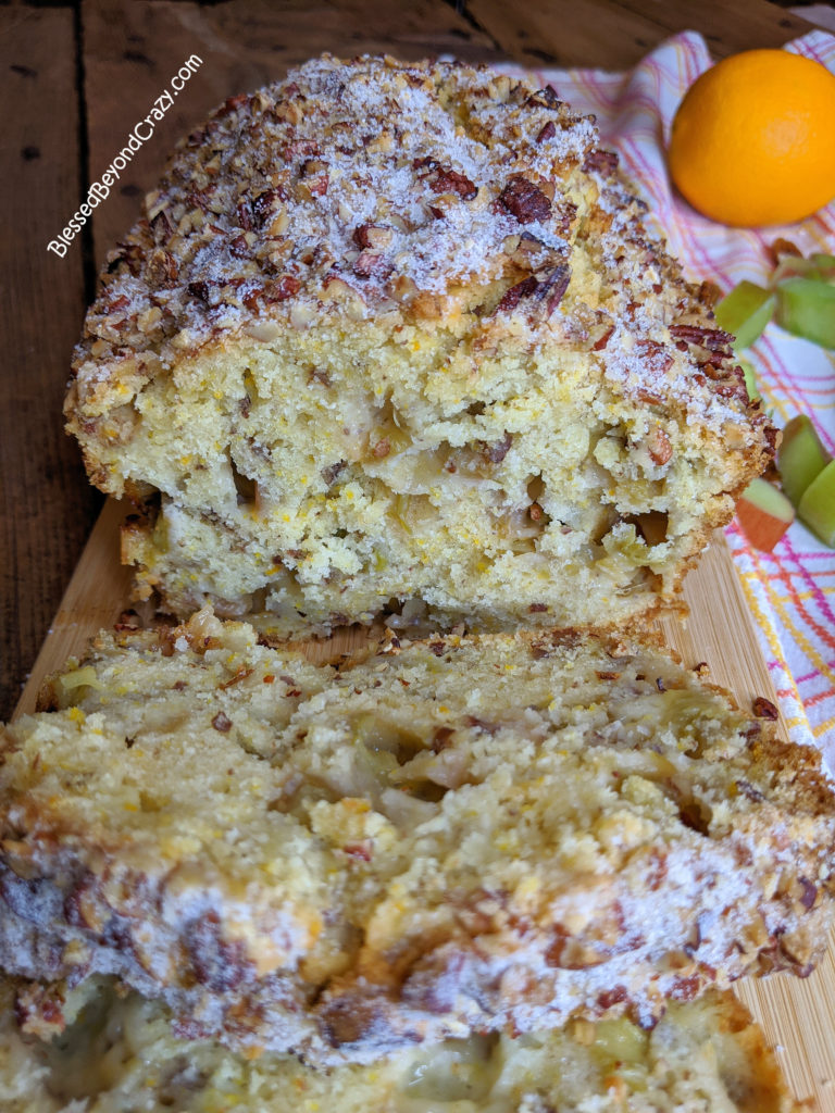 Sliced loaf of Rhubarb Pecan Orange Zest Bread