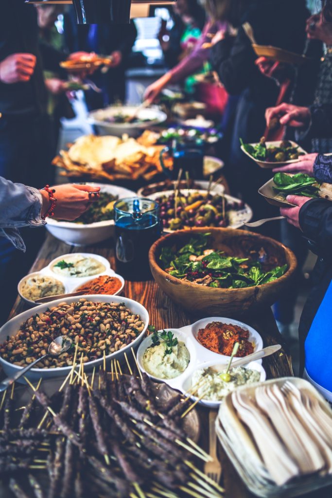 Family gathering with buffet meal. 