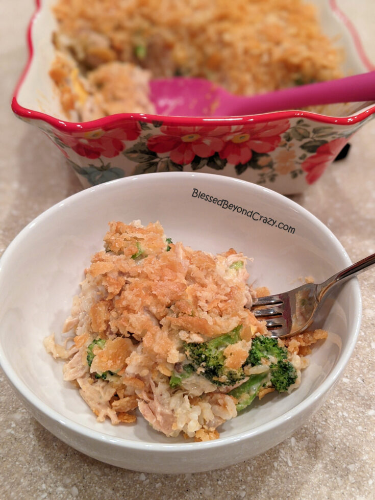 Close up of serving of Easy Chicken Broccoli Casserole (Gluten-Free Option)