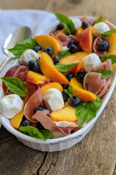 Peach, Prosciutto, Blueberries, Mozzarella pearls, and fresh Basil