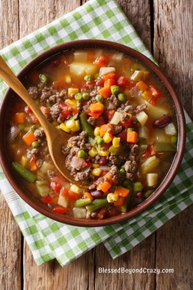 Overhead view of bowl of Hearty Bean and Hamburger Soup