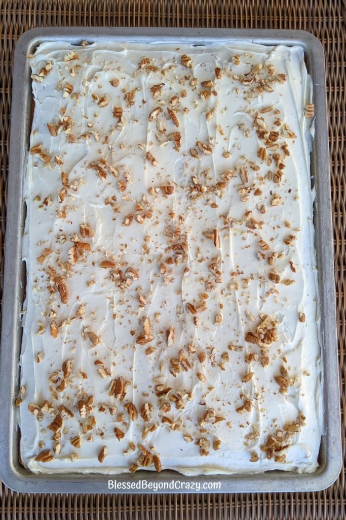 Pumpkin Bars iced and garnished with pecans