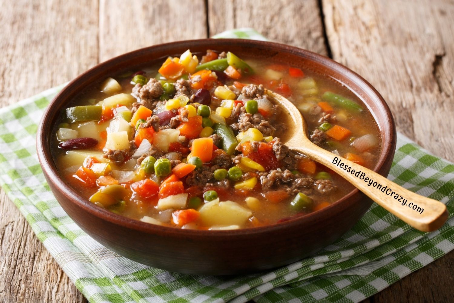 Close up view of Hearty Bean and Hamburger Soup