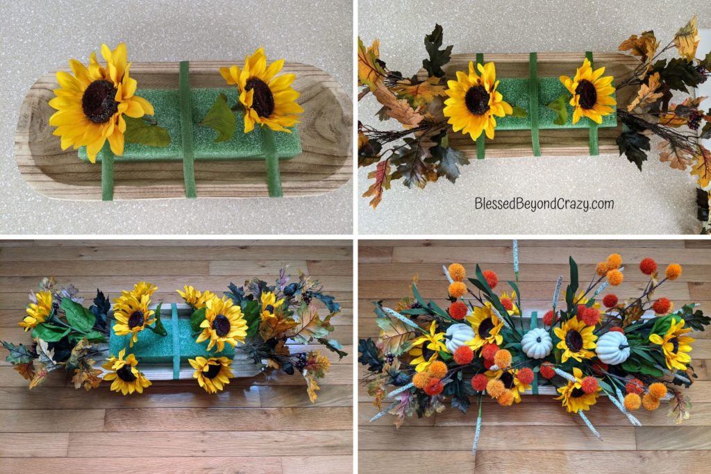 Photos of four steps to assembling centerpiece.