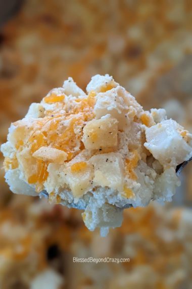 Close up view of serving of potato casserole
