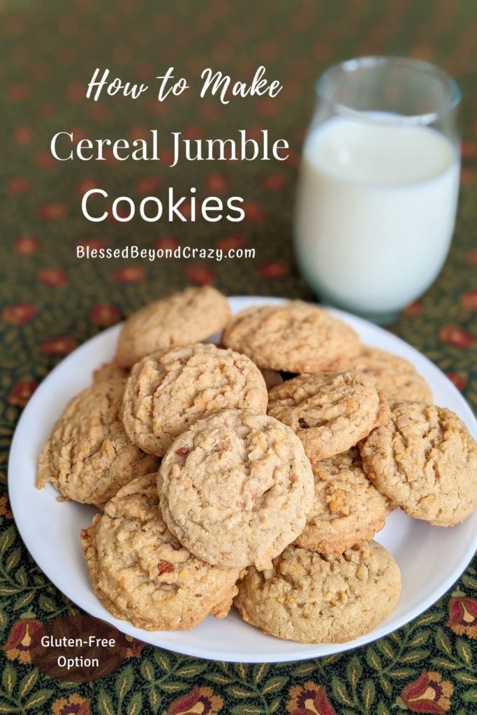 Pinterest image of plate with stacked cereal jumble cookies and glass of milk