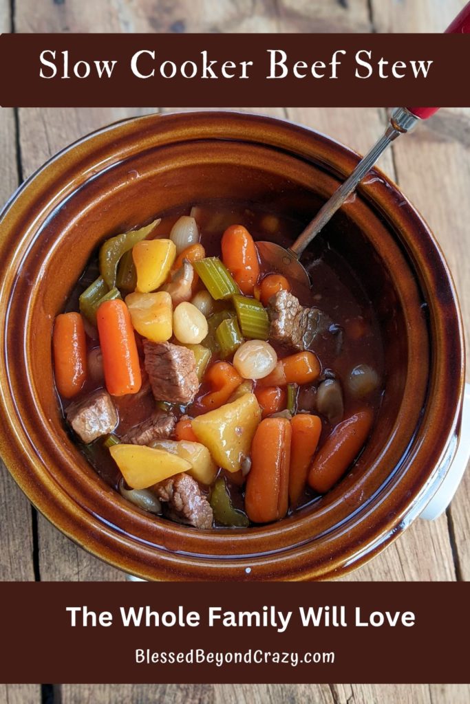 Pinterest image of slow cooker full of beef stew.