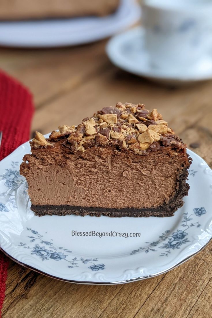 Close up view of one serving of Coffee Toffee Cheesecake