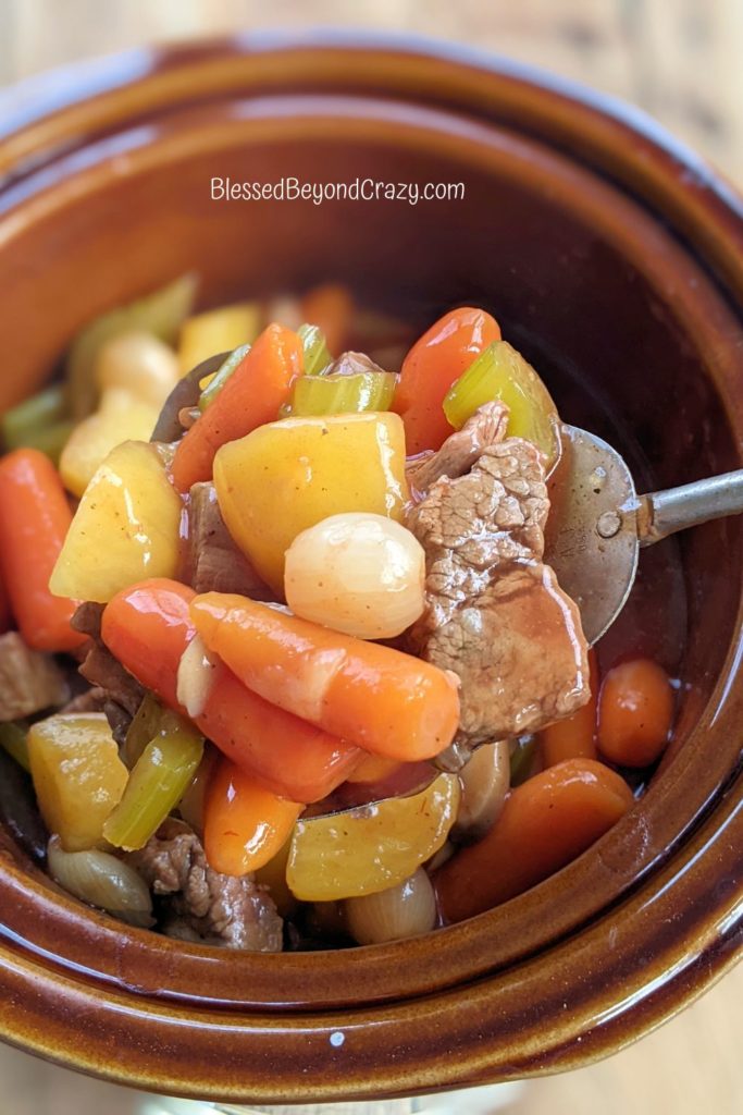 Close up view of spoonful of Savory Beef Stew