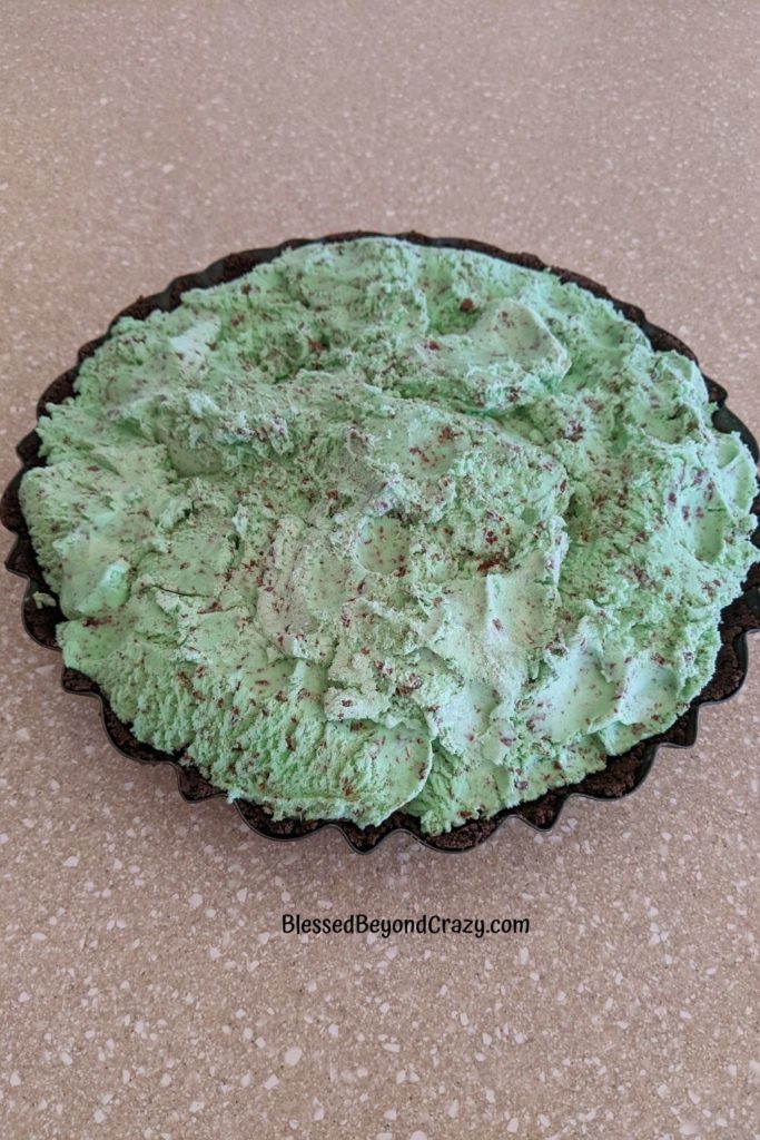 Frozen mint chip ice cream filling a chocolate cookie crumb crust in tart pan.