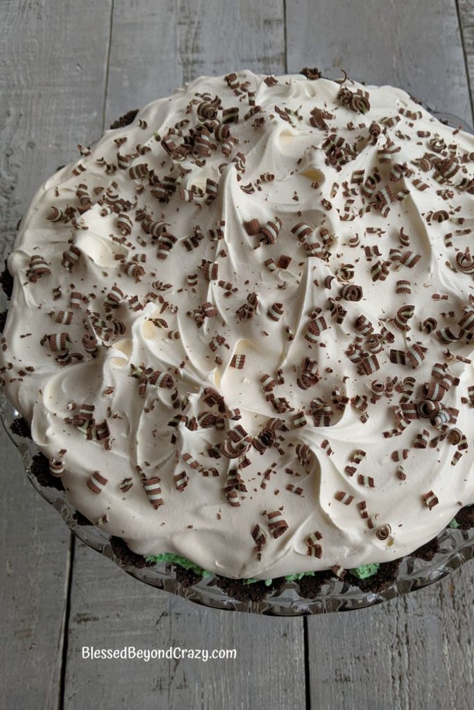 Overhead view of chocolate mint curls on top of tart.