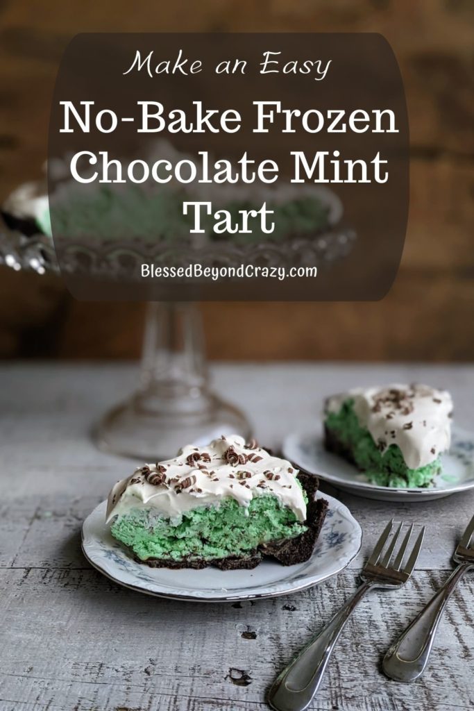 Pinterest image of two slices of No-Bake Frozen Chocolate Mint Tart