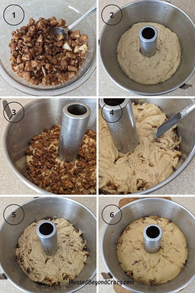 Photos of 6 different stages when making an apple streusel cake