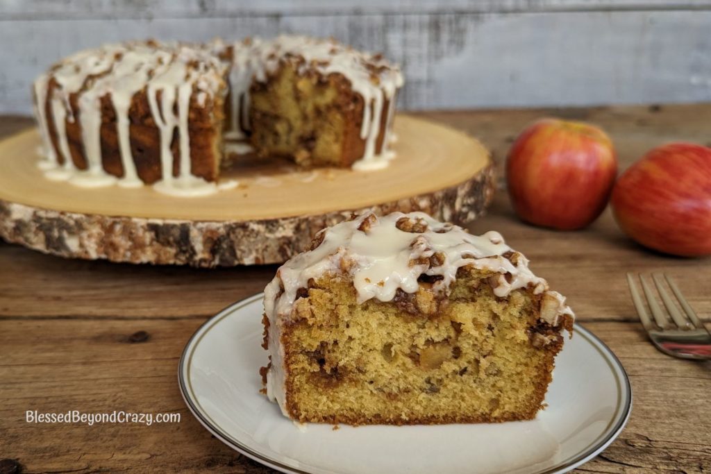Side view of individual serving of apple streusel cake.