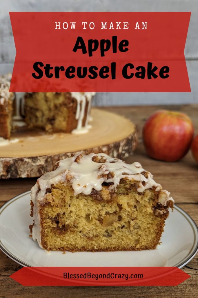 Pinterest image and close up photo of one serving of apple streusel cake.