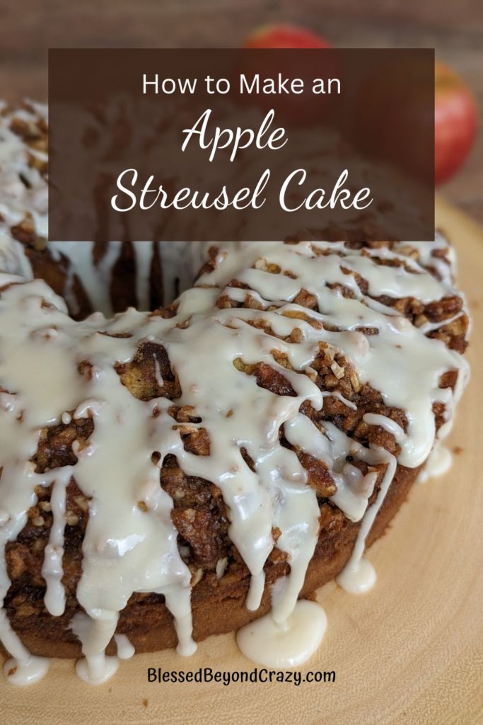 Pinterest image of an apple streusel cake in foreground.