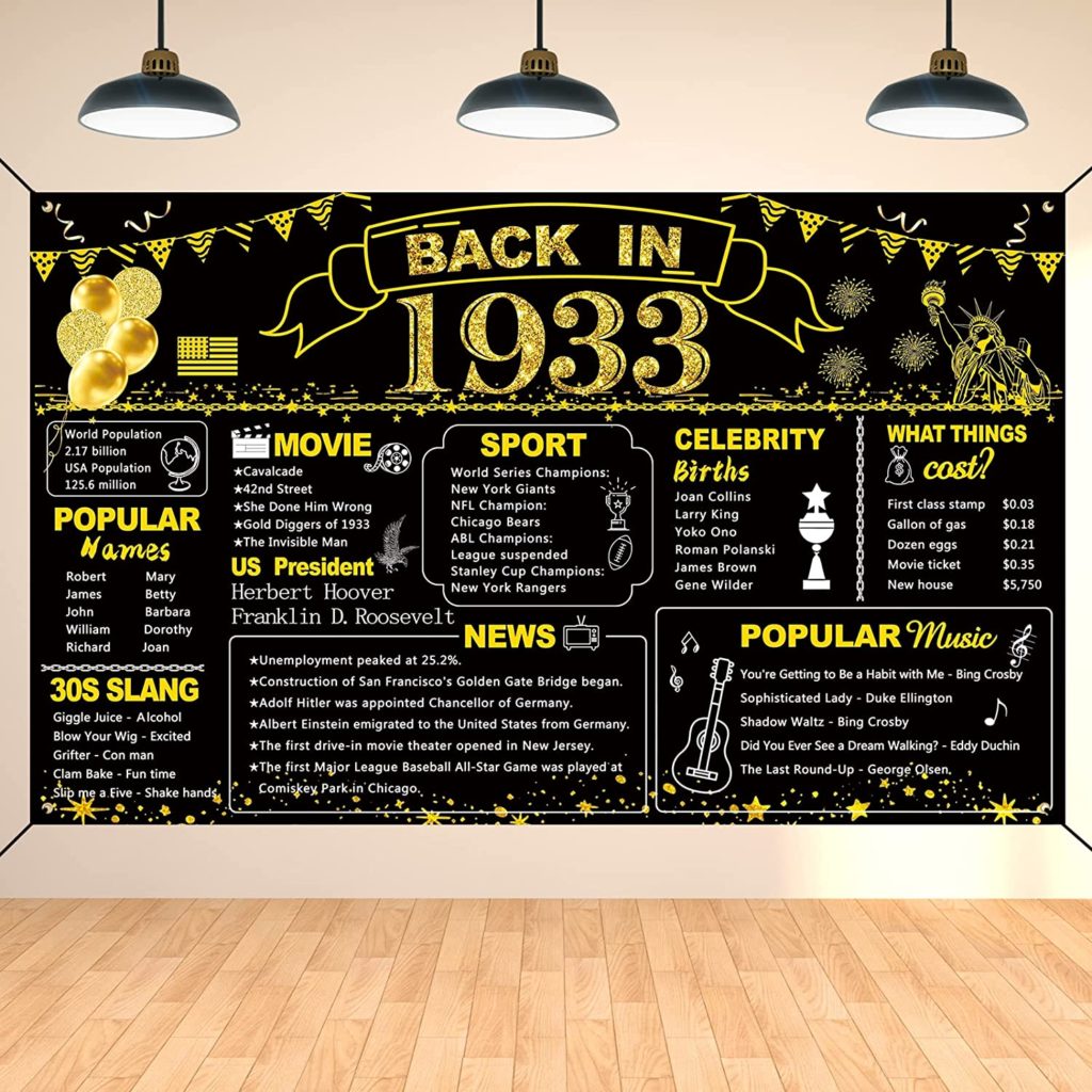Photo of a "Back in 1933" birthday banner.
