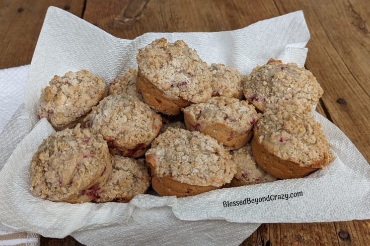 Batch of Raspberry Streusel Muffins in a basket