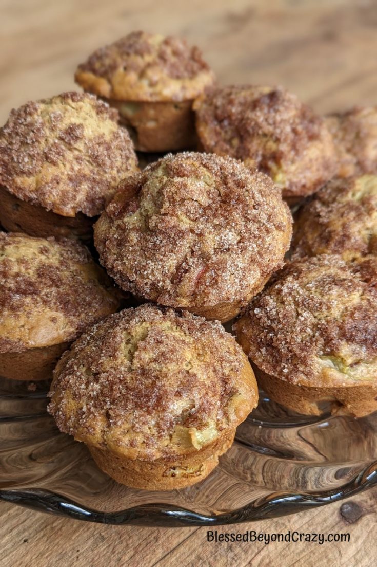 Fresh rhubarb muffins on serving platter ready to eat.