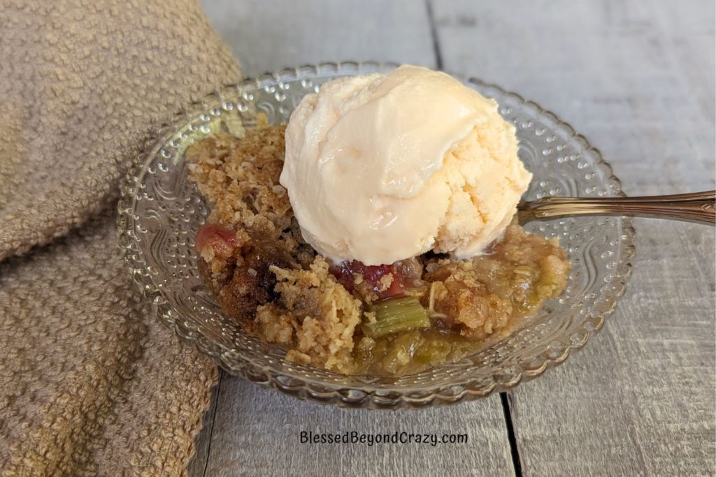 Close up photo of an individual serving of Rhubarb Crisp