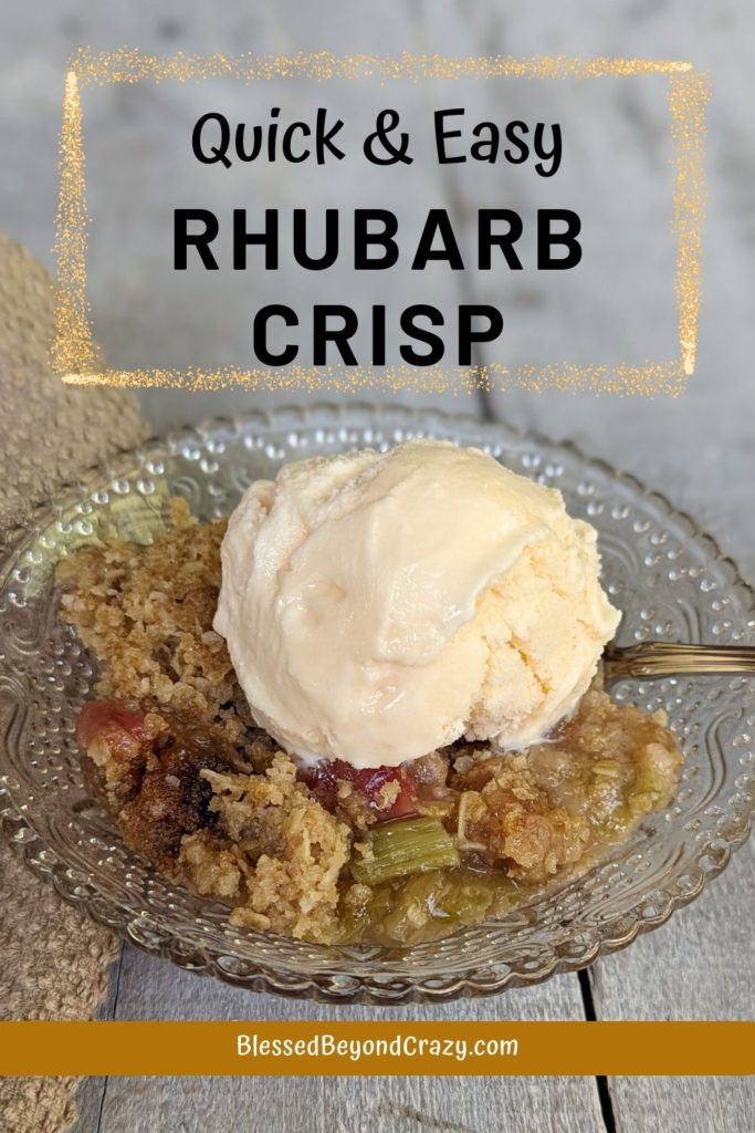 Pinterest image of a bowl of Quick and Easy Rhubarb Crisp