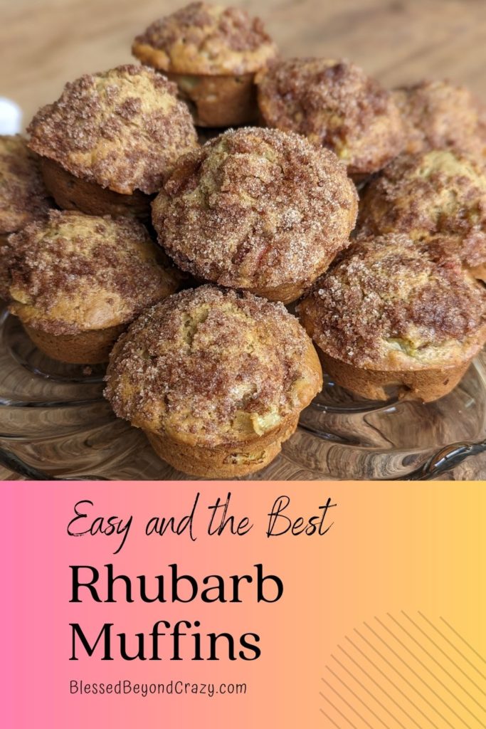 Pinterest image of a plate of fresh Rhubarb Muffins