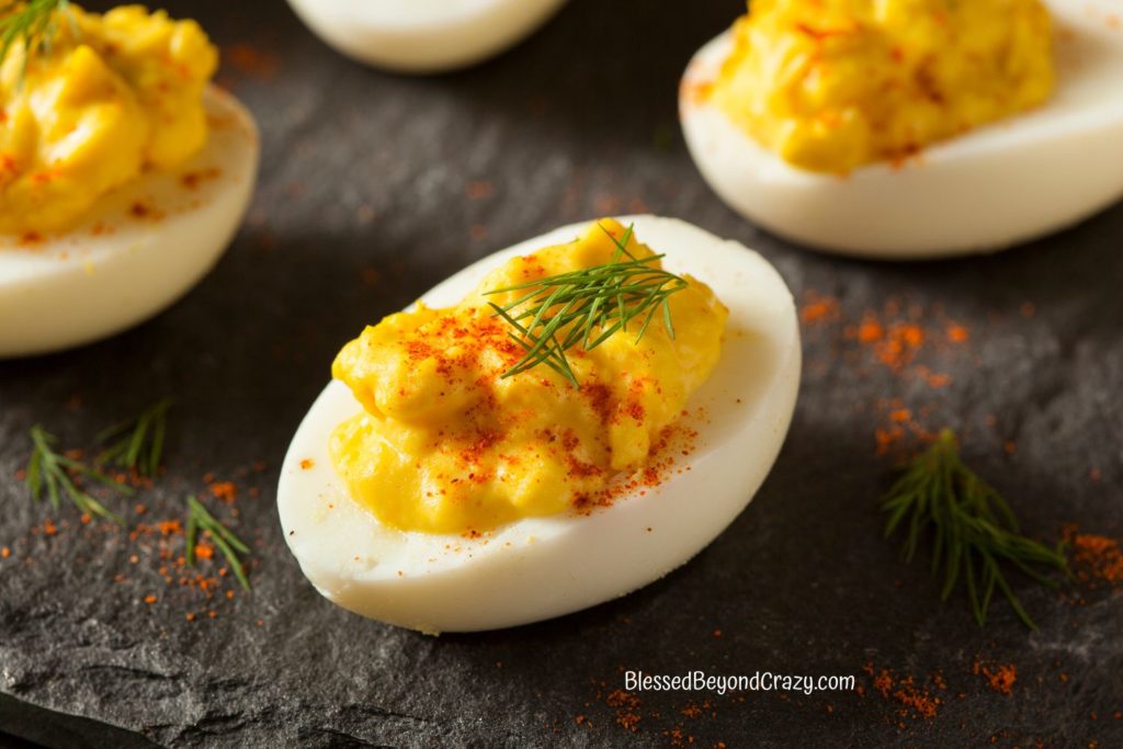 Super close up view of individual deviled egg.