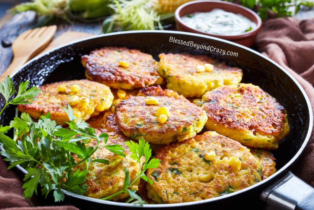 Close up view of sweet corn fritters.