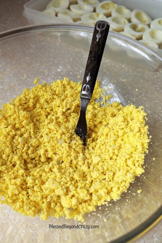 Crumbling egg yolks to make filling for Deviled Eggs