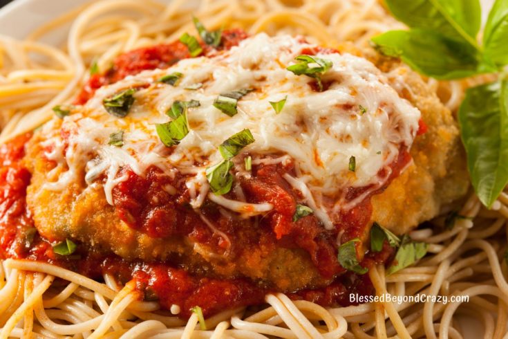 Close up of one serving of chicken parmesan