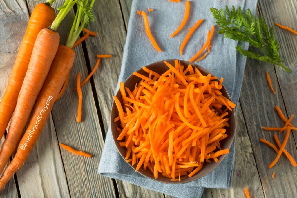 Overhead view of shredded carrots
