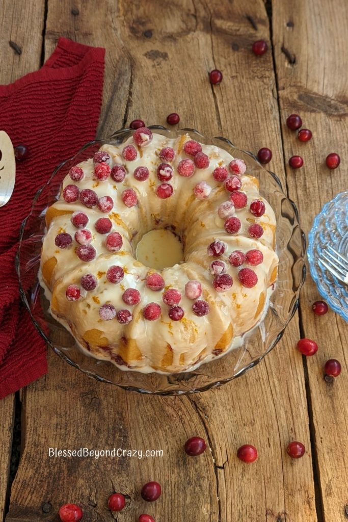 Overhead view of a cranberry bundt cake